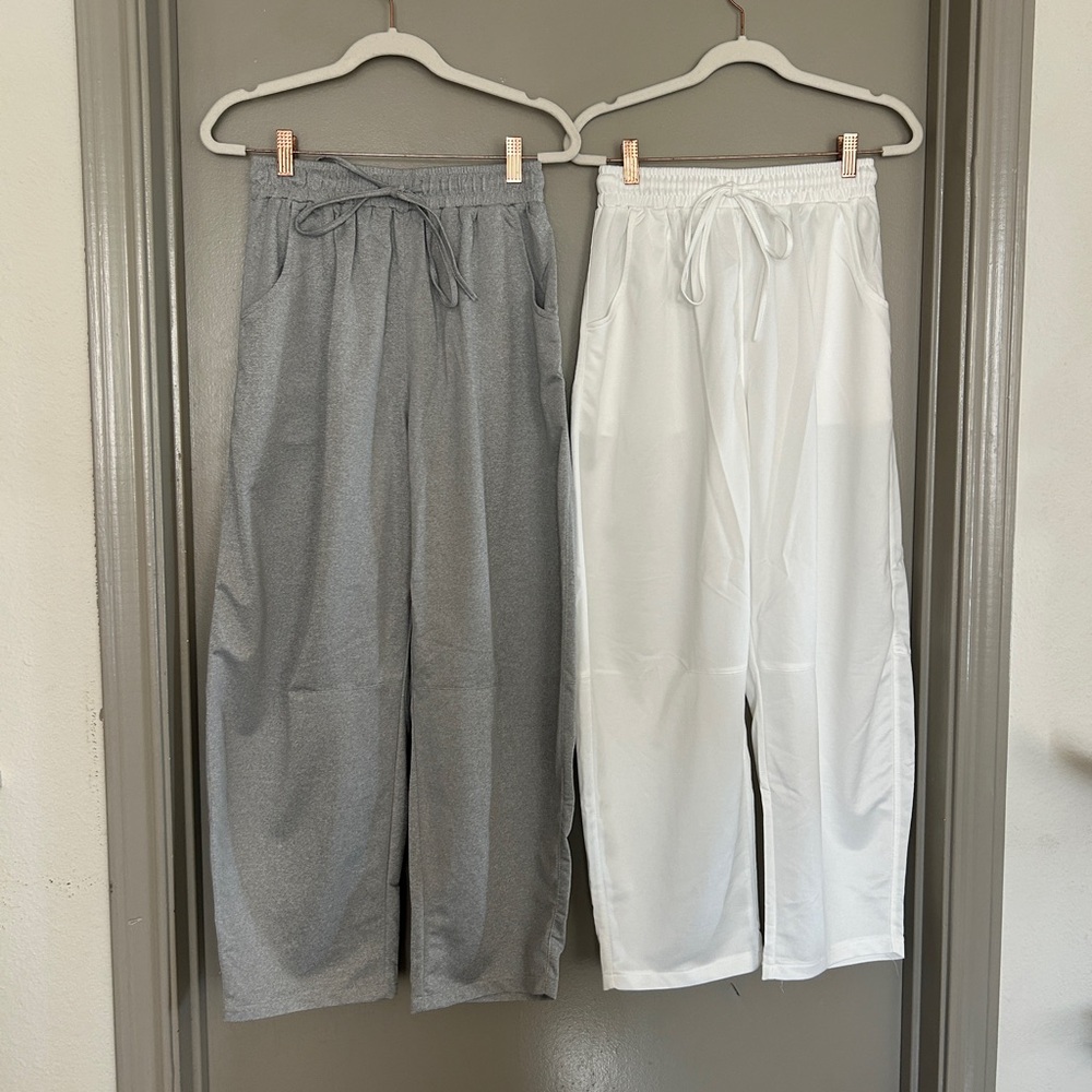 Wide-Leg Drawstring Pants — Gray & White